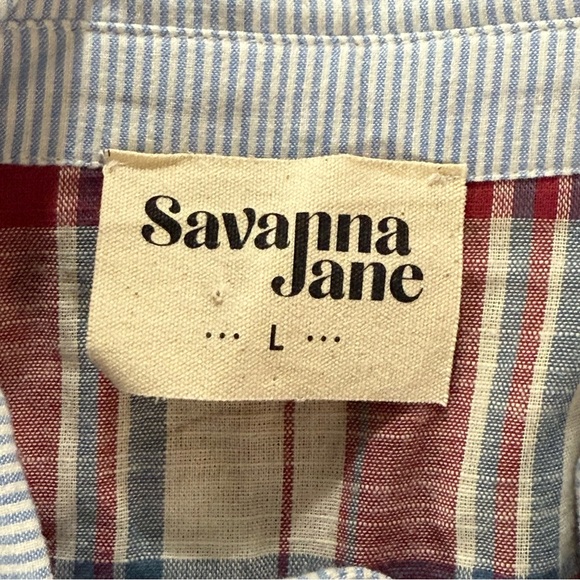 Savanna Jane Women‎ Sz Large Floral Embroidered Plaid Top Blouse roll tab sleeve - Picture 10 of 10